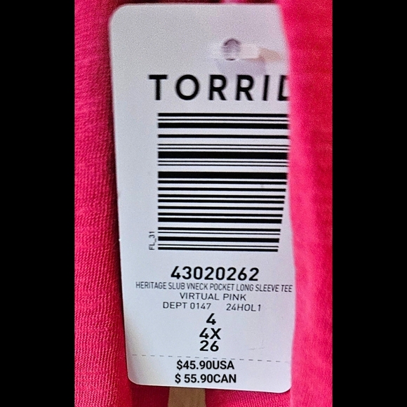 TORTID Plus Size Pretty Pink Heritage Slub V- Neck Pocket LongSleeve Tee 4X - Picture 8 of 11